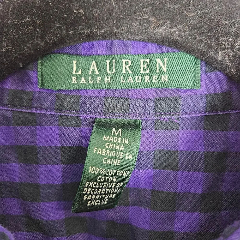Lauren Ralph Lauren Purple and Black Gingham Checked Button Up Gold Crested M - Picture 4 of 7